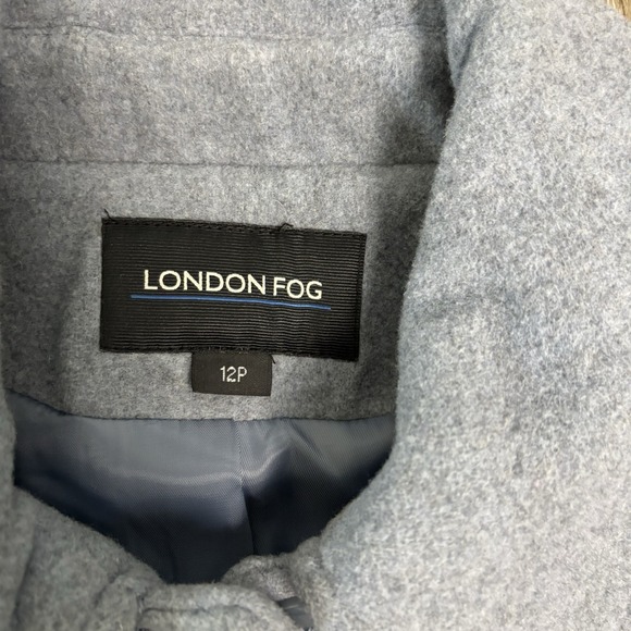 London Fog Women's Petite 12P Wool Blend Long Pea Coat Lt Blue 4 Button - Picture 2 of 12